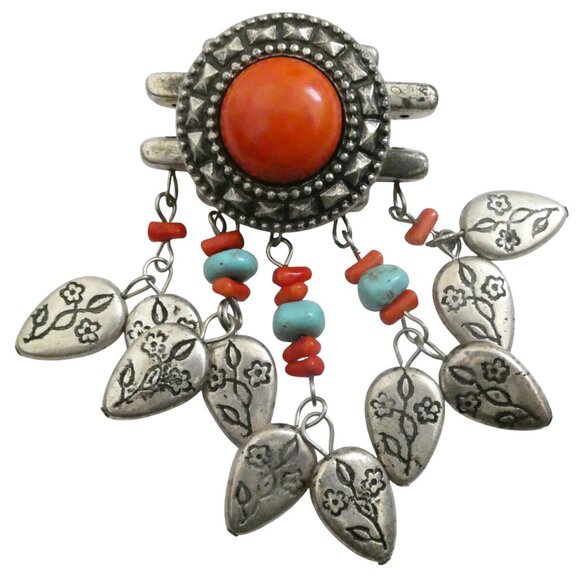 Western dangle brooch faux coral & turquoise - Picture 1 of 5